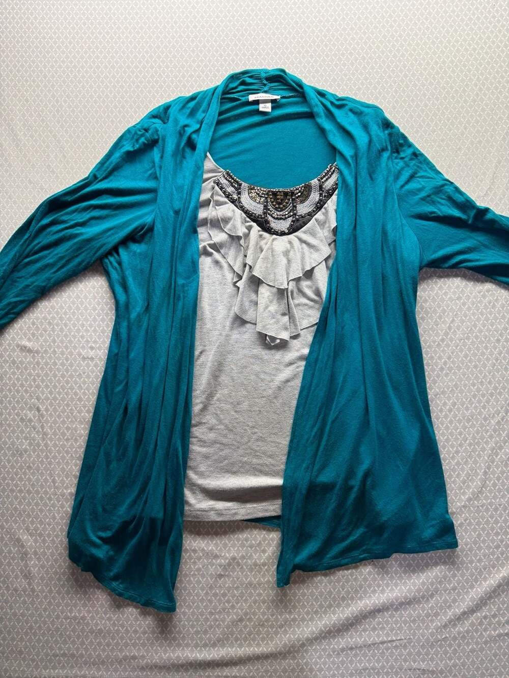 Brannan Womens Teal Open Front Cardigan with Ruched Sleeves